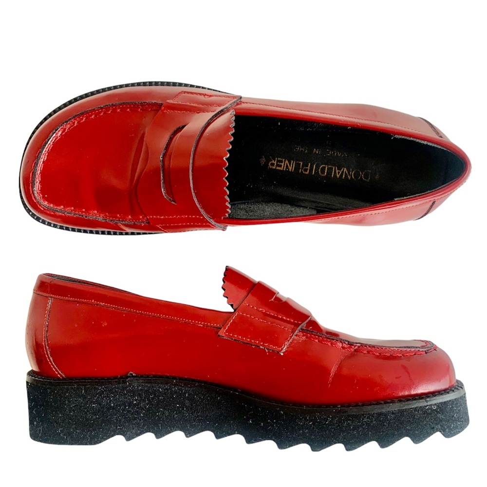 DONALD PLINER Red Leather Chunky Platform Penny-Loafers. Size 7